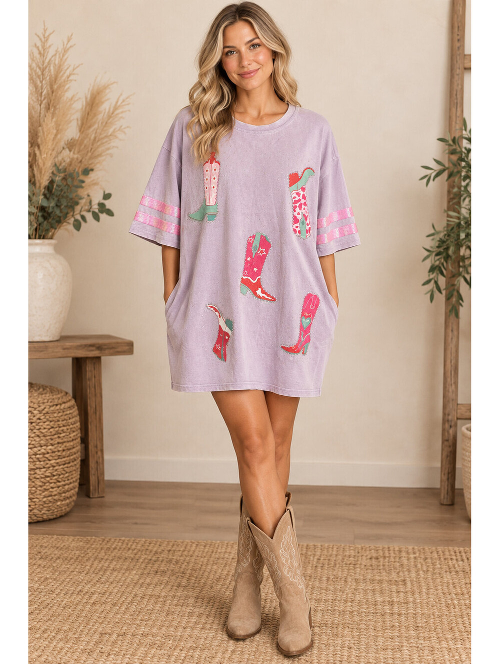 Fantastic Fawn Women's M Lavender Cowboy Boot Rhinestone T-Shirt Dress